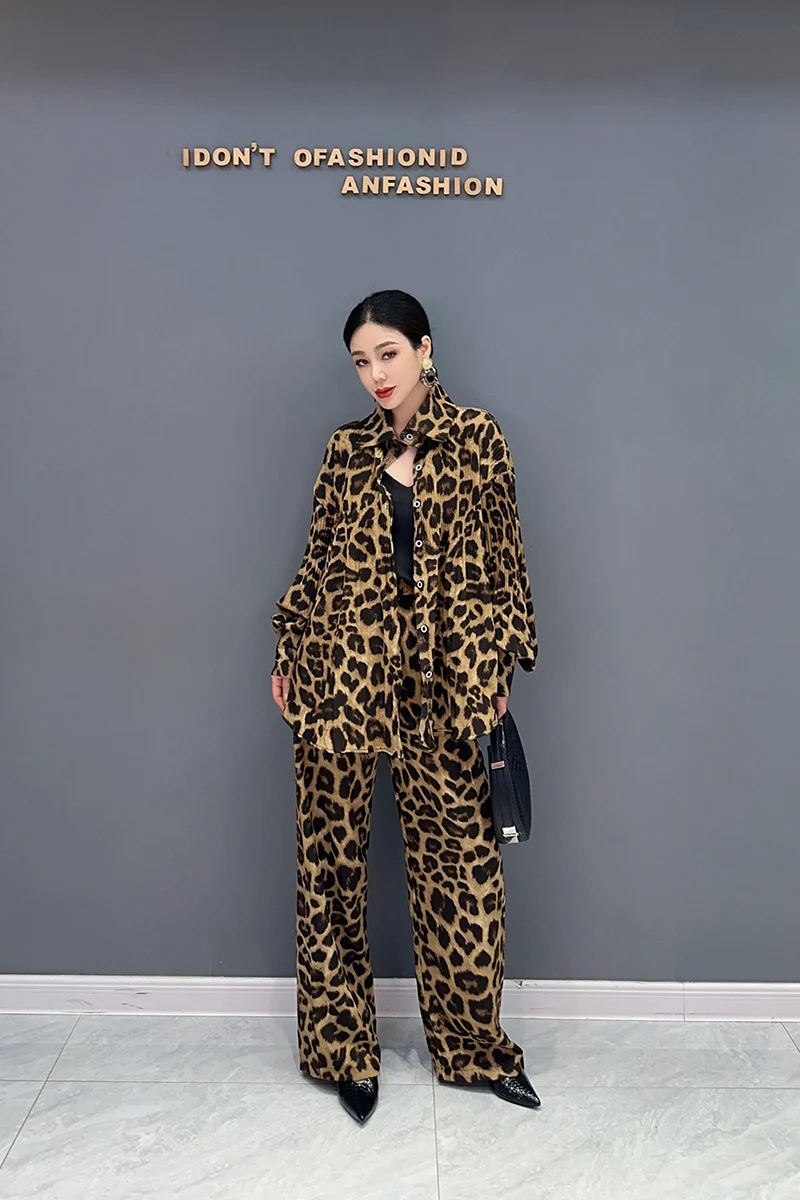 2024 Autumn New Korean Style Loose POLO Collar Shirt Casual Wide Leg Pants Leopard Print Drape Two-piece Set Women Clothing J568