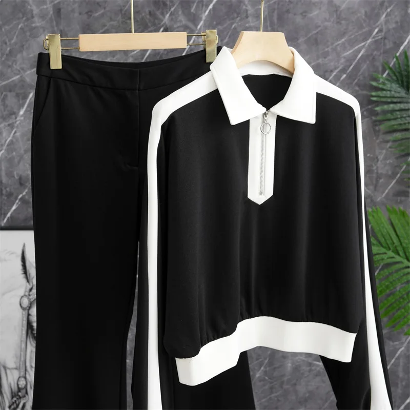 

High-End Fabric Black White Color Block Zipper Knitted Top Pants Set Two-Piece Set Rejection Proof Fashionable Style