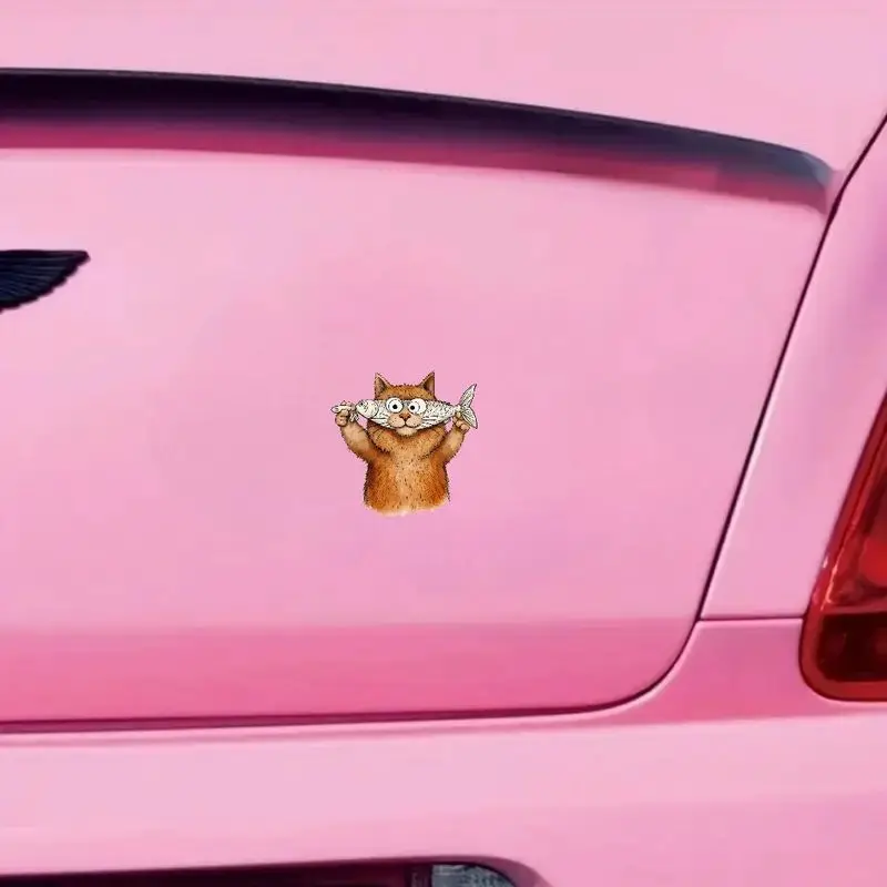

Cute Orange Cat Holding Fish Vinyl Sticker 5 Inch Waterproof Decal for Car Window and Smooth Surfaces