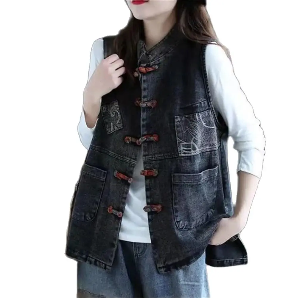 2024 Spring Summer Sleeveless Coat Outerwear Spliced All-Match Design Female Gilet Jean Waistcoat Vintage Style Women Denim Vest