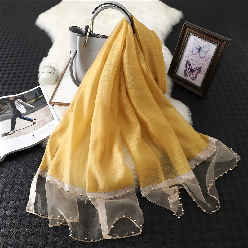 Fashion New Women Silk Cotton Blend Scarf Shawl Plain Soft Wild Beaded Turban Match Luxury Ladies Travel Sun Protection Scarves