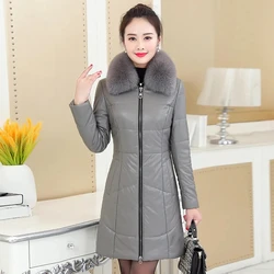 New Winter Leather Jacket Women's Overcoat Loose Thicke Warm Parker Coat Length Detachable Fur Collar Leather Cotton-Padded Coat
