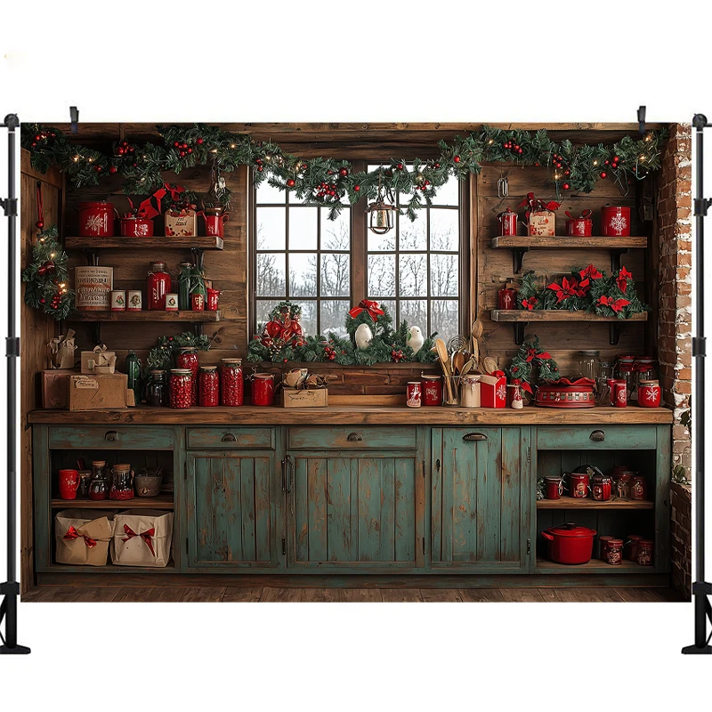 LS Winter Christmas Photography Background Kitchen Cook Window Xmas Trees Kids Family Portrait Decor Backdrop Photo Studio