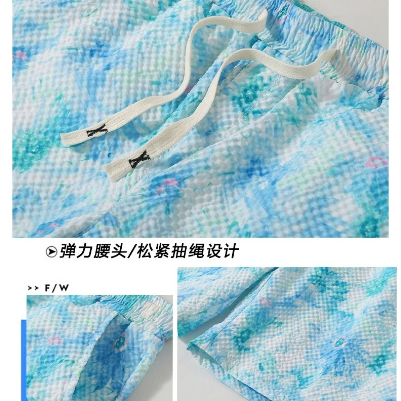 Casual Seersucker Textureกางเกงขาสั้นQuick-Dry Breathableตรงเอวยางยืดพิมพ์Streetวันหยุดกางเกงขาสั้นหลวมFitกางเกงขาสั้น