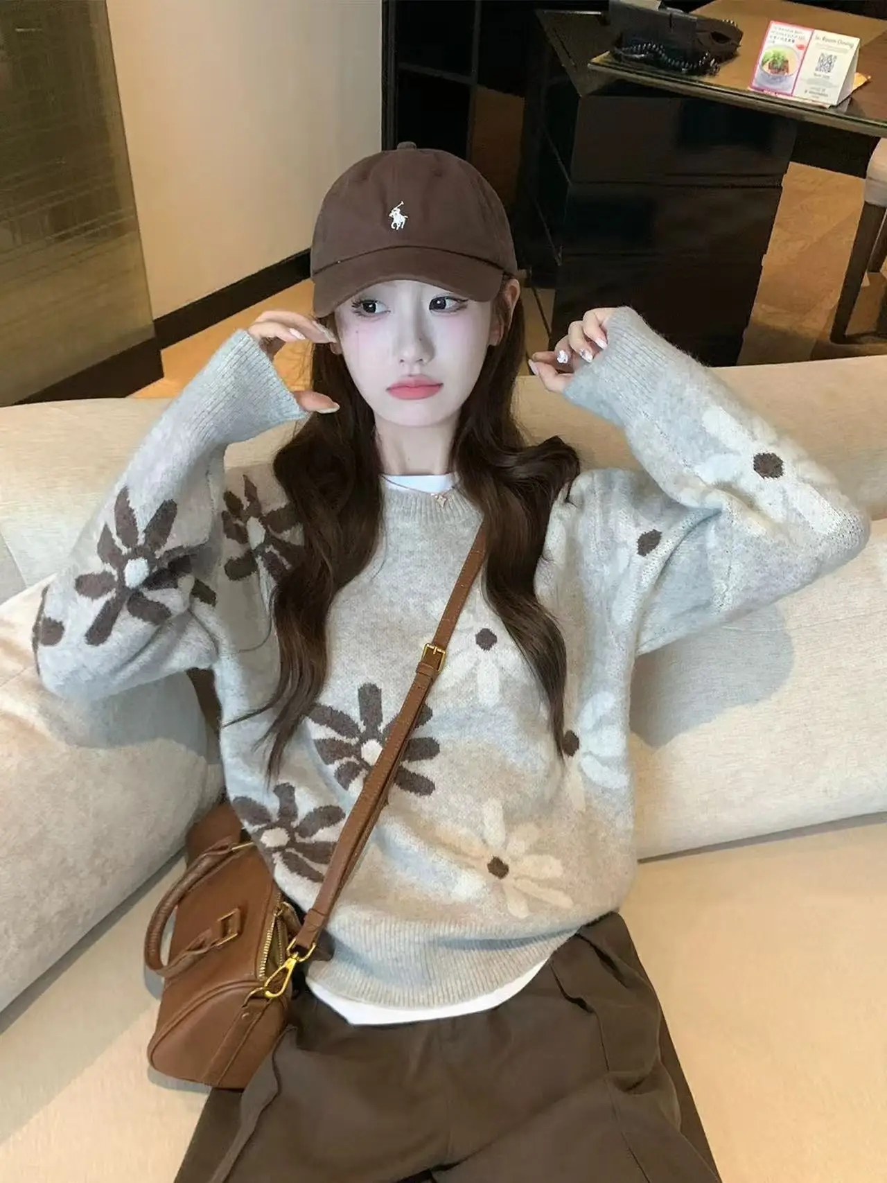 

Autumn Winter New Flower Jacquard O-Neck Knitted Pullover Women's Temperament Loose Long Sleeve Sweater Casual Versatile Tops