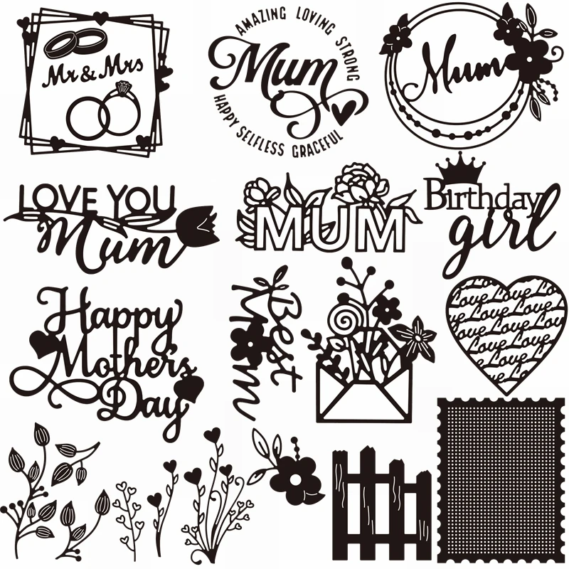 

Happy Mother's Day Collection Metal Cutting Dies Set Mum Mr & Mrs Love Heart Valentine Birthday Die Cut DIY Card Making Craft