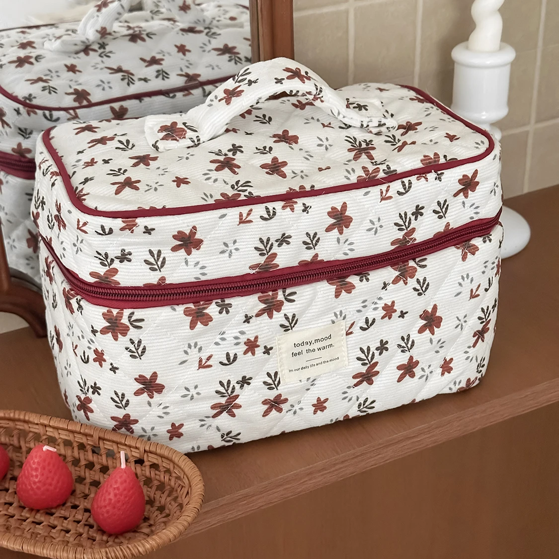 Bolso de mano Vintage de pana con flores naranjas para mujer, organizador de viaje, neceser, bolso de mano para cosméticos, bolso de mano acolchado para mujer