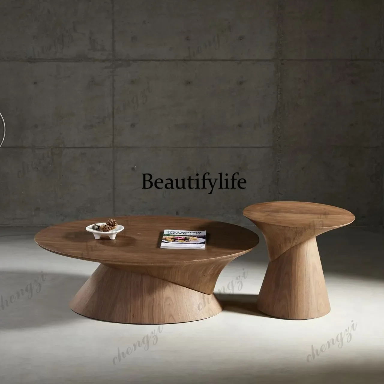 Nordic light luxury medium and ancient style round solid wood coffee table creative size round combination living room home