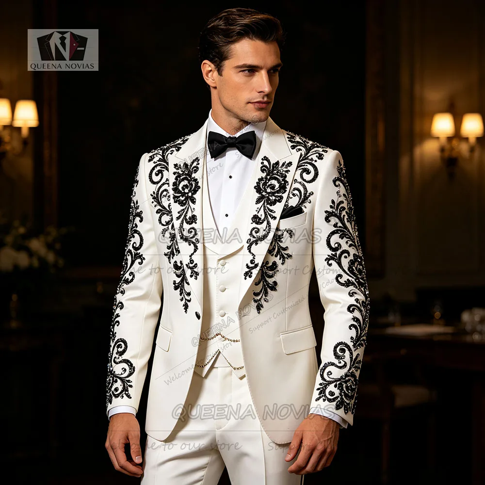 Luxury Groom Wear Tuxedo Suit Slim Fit Black Diamond Beading Crystals Prom Blazer Customized 3 Piece Sets Man Banquet Attire