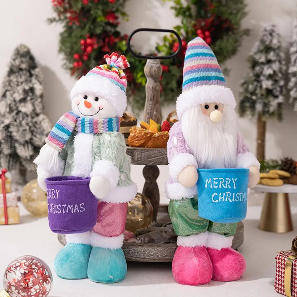 Cute Holiday Decorations Festive Christmas Plush Doll Ornaments Standing Snowman Santa Figurine Cute Retractable for Holiday