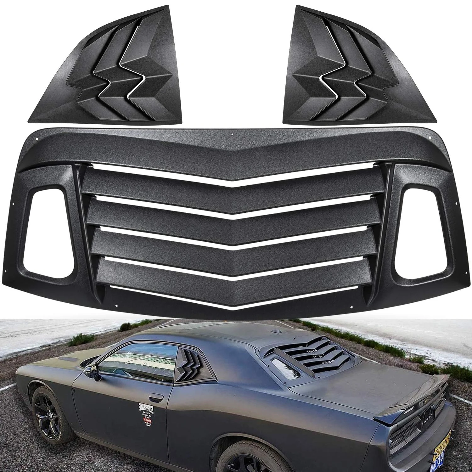 Cubierta parasol para parabrisas, rejillas para ventana trasera y lateral para Dodge Challenger 2008-2023 en estilo GT Lambo, ABS, negro mate