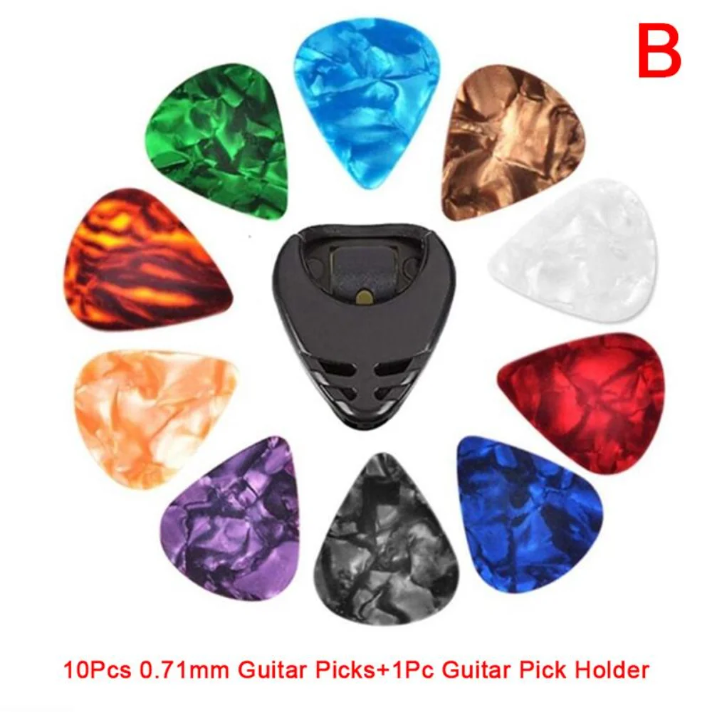 10Pcs Celluloid Guitar Picks Smooth Surface Thickness 0.46/0.71/0.96mm Acoustic Guitar Picks Bright Colors with Pick Holder