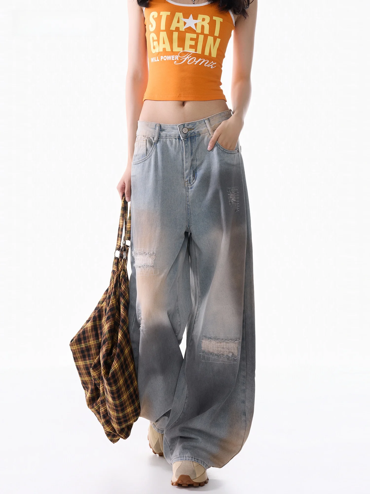

High Waist Wide Leg Vintage Washed Denim Jeans Women's Summer Thin American Style Loose High Street Pants Casual Cotton Blend