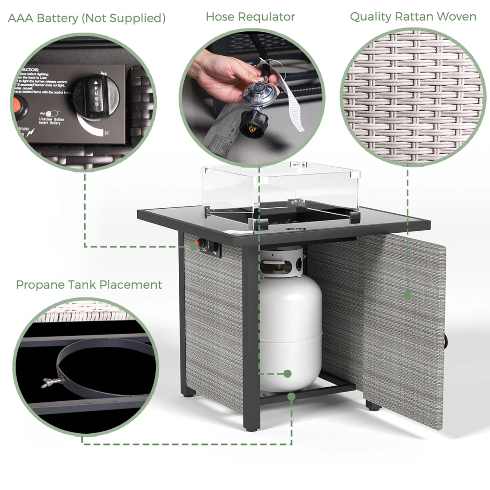 Propane Fire Pit Table, Rattan & Wicker-Look, Gas Firepits Tempered Glass Tabletop with Glass Windscreen Protector