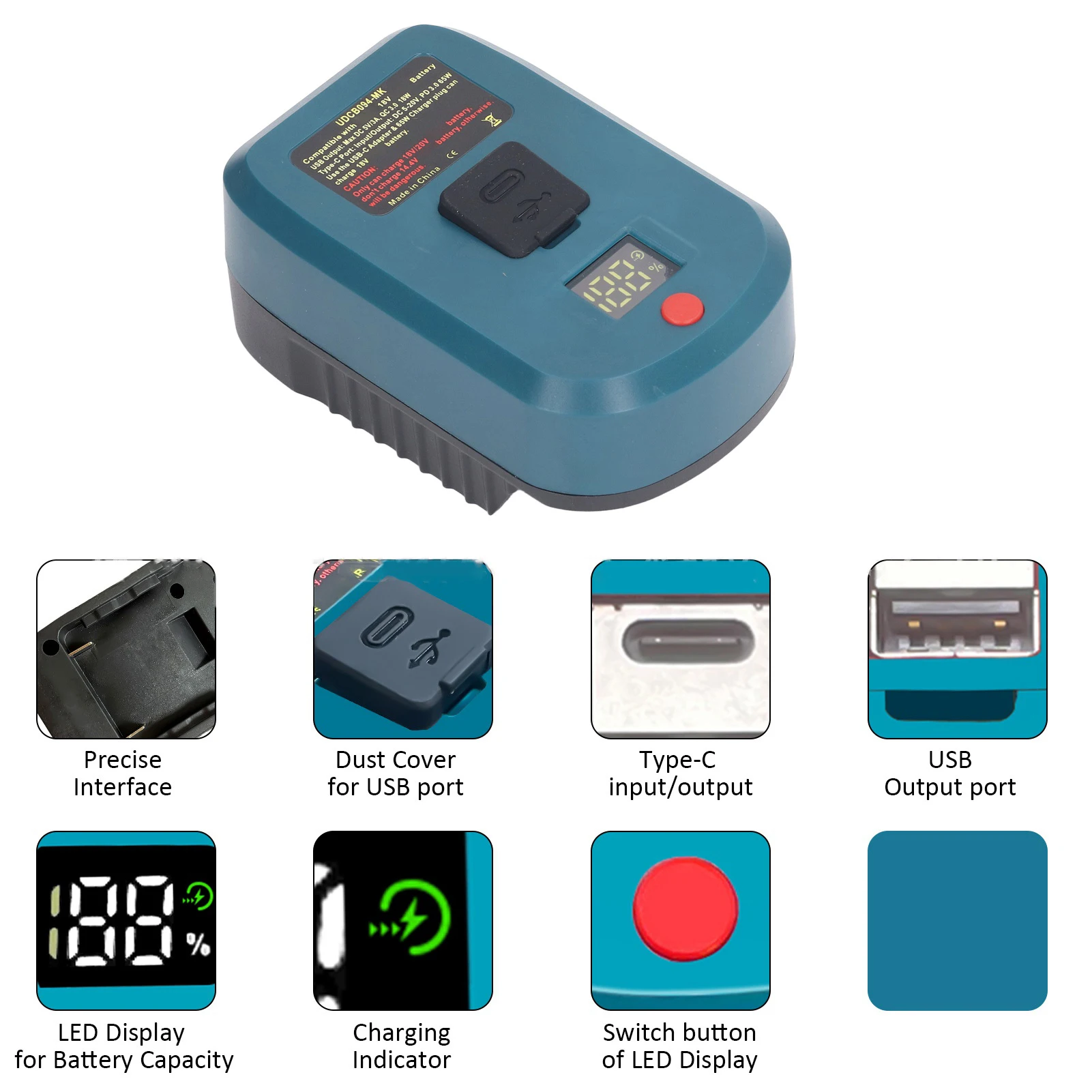 

Battery Adapter Digital Display 18V Lithium Battery to USB Type C Output for BL1830 BL1850 BL1840