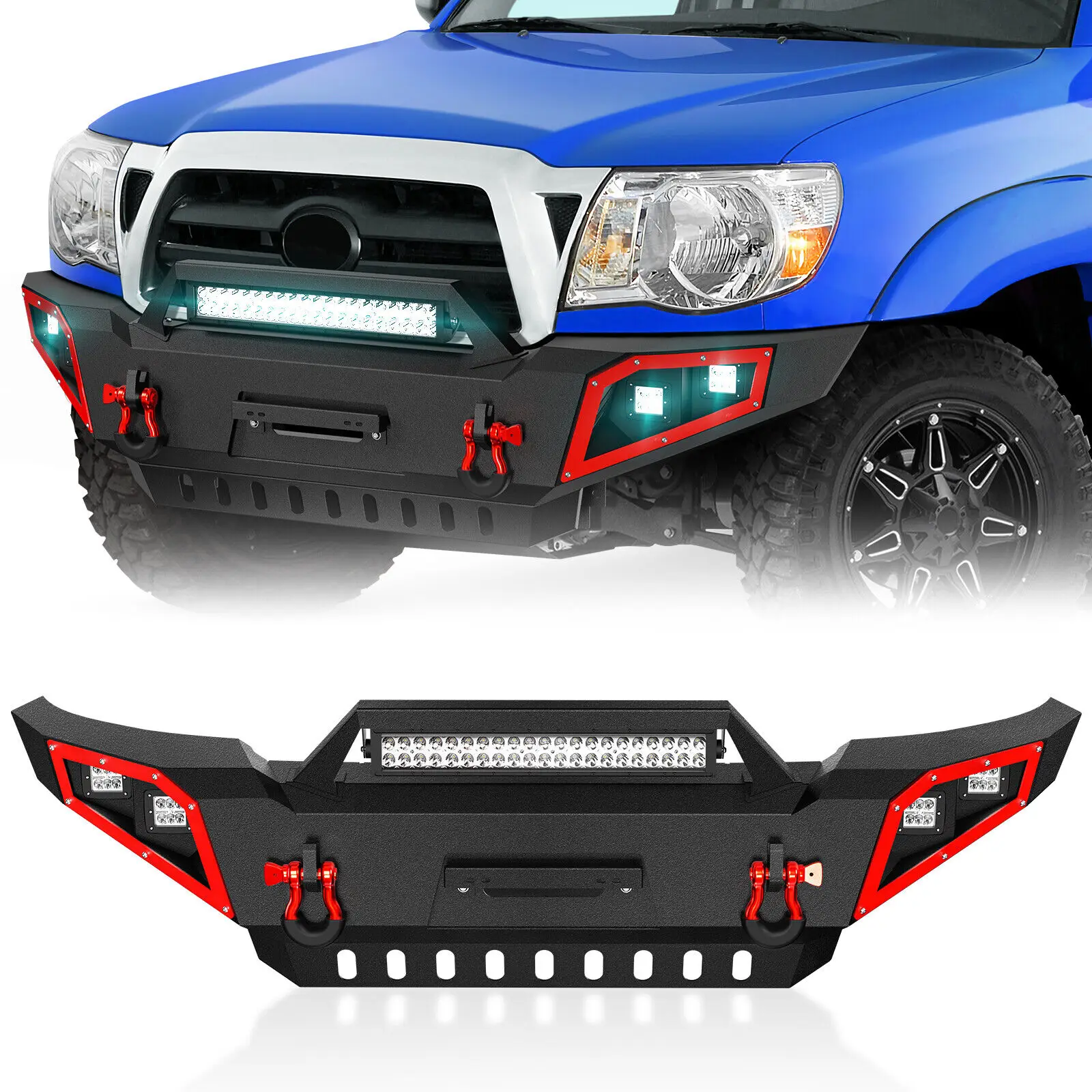 

Front Bumper With Skid Plate, Winch Plate, 18W LED Lights & License Plate Bracket for 2005-2015 Toyota Tacoma 2nd Gen Pickup