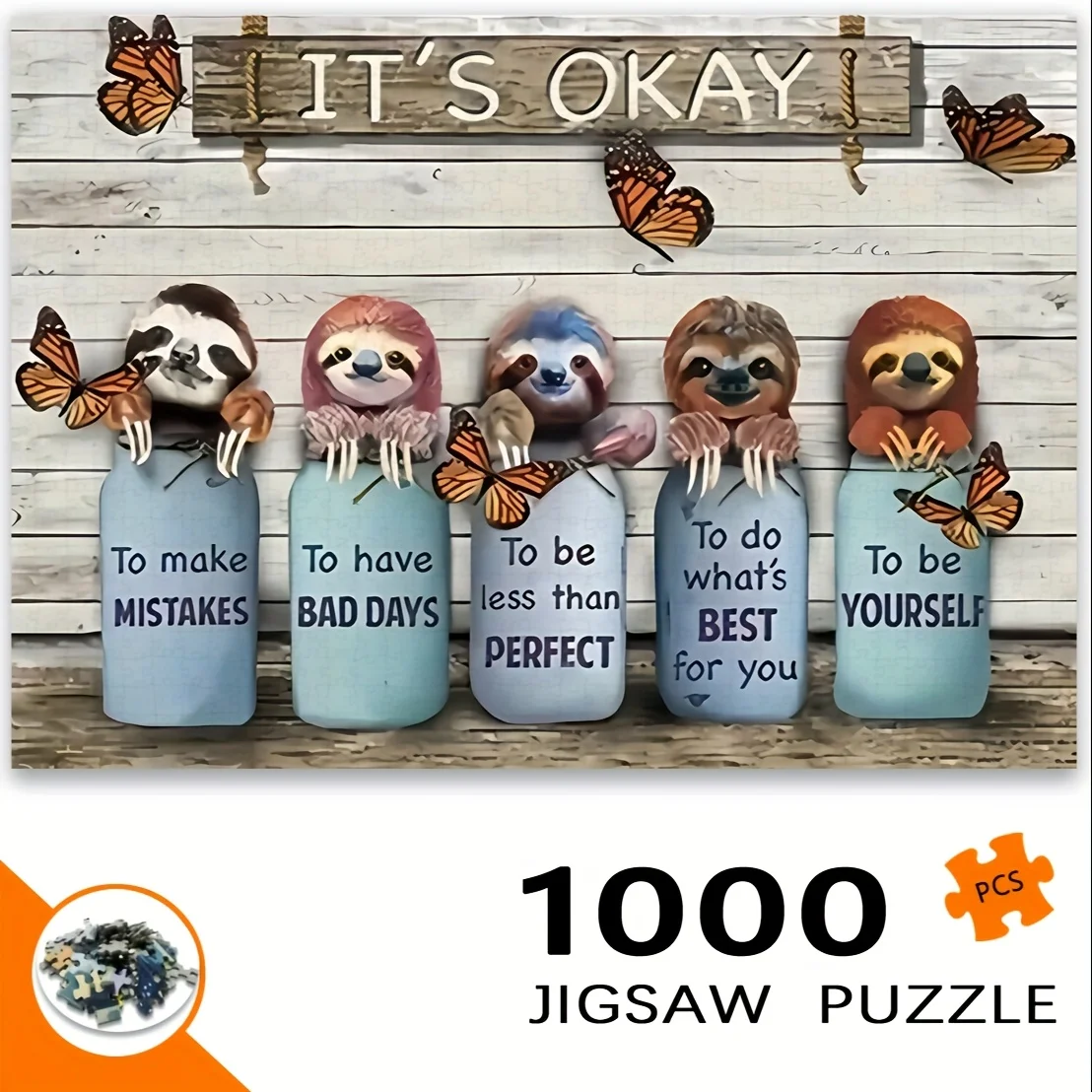 1000 قطعة من أحجية الصور المقطوعة على شكل كسلان وفراشة - تصميم رائع مع تأكيدات إيجابية، إطار مستطيل أبيض، محمول DIY Ar #3