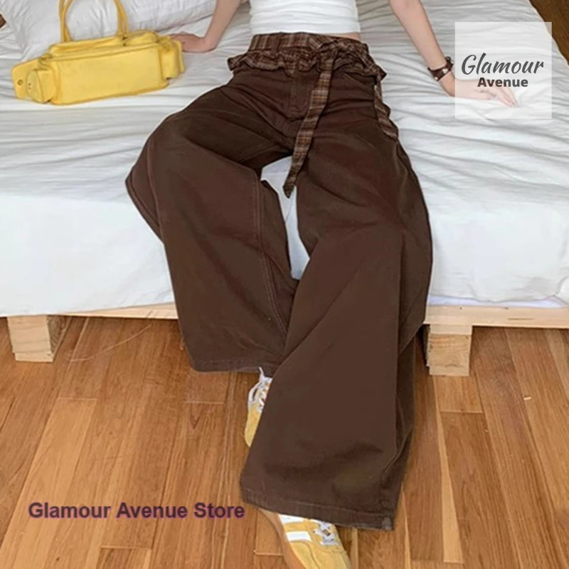 

French brown plaid stitching strap jeans women's autumn and winter holiday two-piece design loose wide-leg straight pants