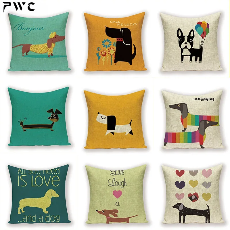 45x45cm Cute Dachshund Animal Puppy Linen Pillow Cover Cotton Sofa Cushion Cover Home Decor Wholesale