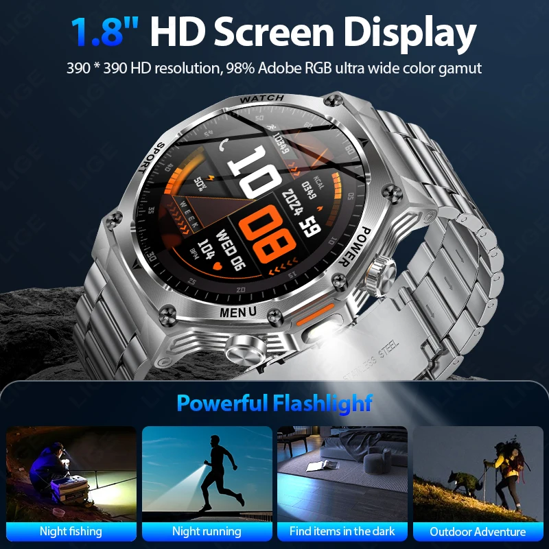 LIGE Steel Smart Watch Men LED Flashlight 800mAh Battery 1.8'' HD Screen Display Heart Rate Bluetooth Call Sport Smartwatch 2025