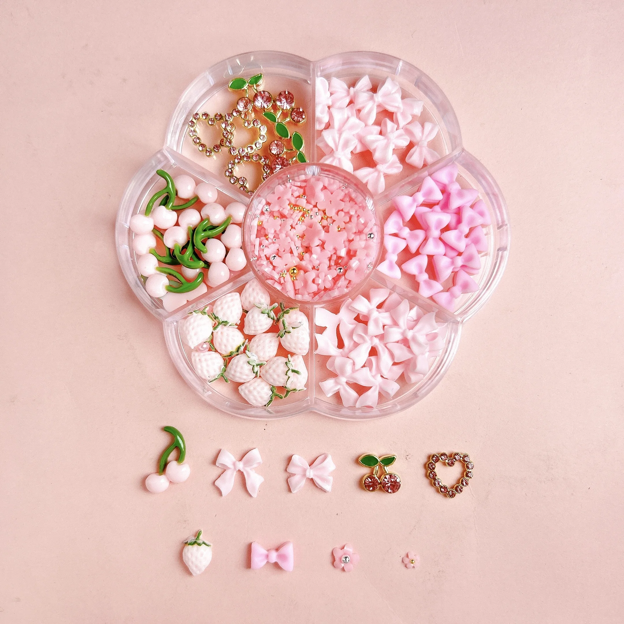 1Box 3D Hollowed-out Heart Alloy Nail Art Charms Creative Cherry Strawberry Mini Steel Ball Mixed Nail Decorations DIY Nail Sets