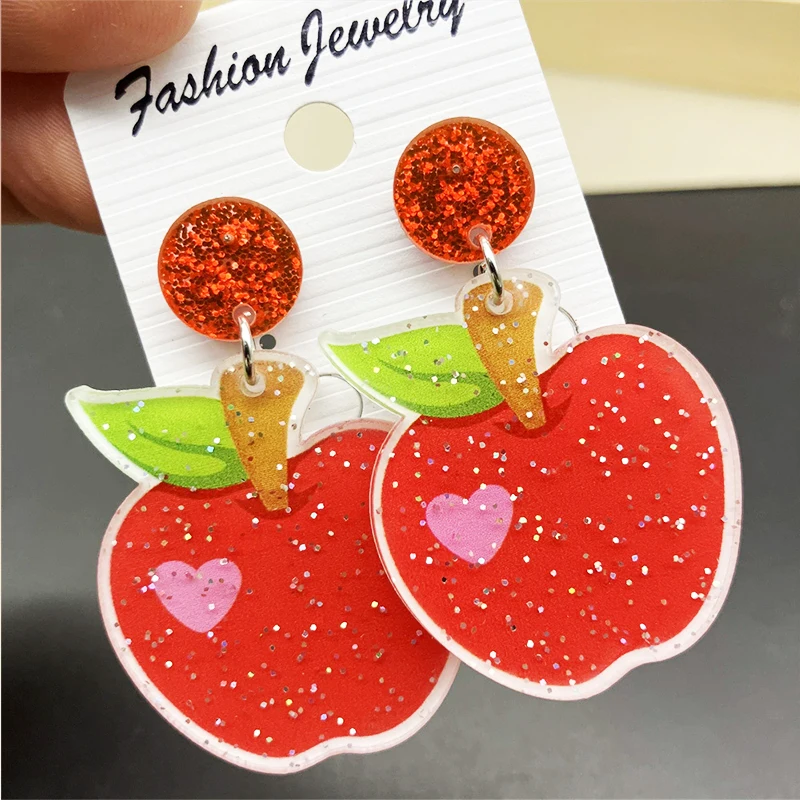 New Fruit Earrings Mango Apple Strawberry Watermelon Fruit Earrings Sparkling Acrylic Earrings Decorative Gift