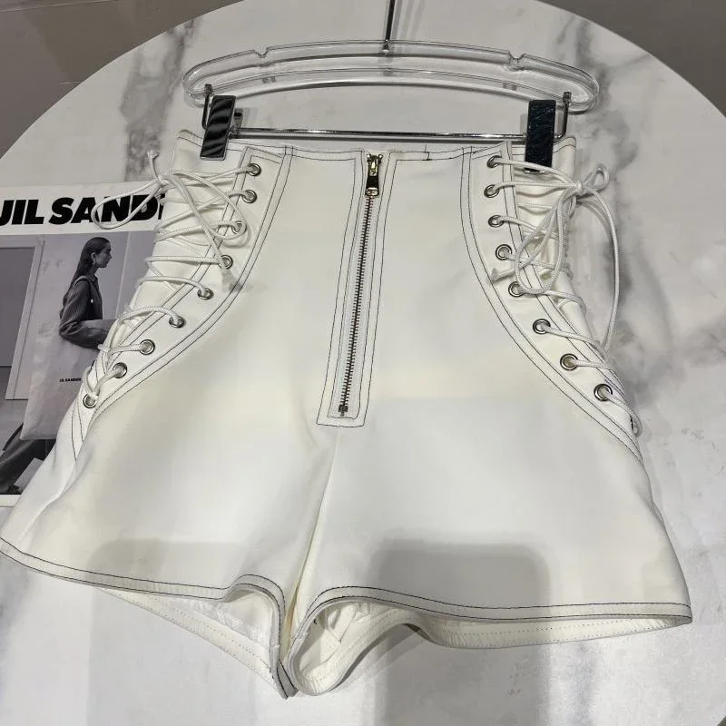 Women's Fashion High Waist Zipper Design Shorts Trendy Casual A-line Side Straps Short Pants Female Spring New