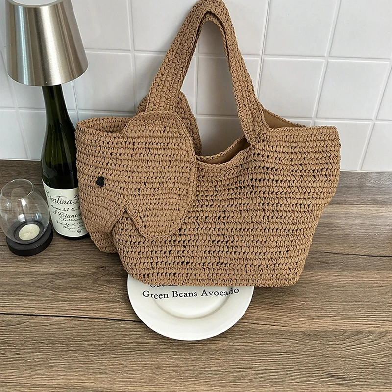 Elefantenförmige Raffia Handgewebte Strohtasche, Damen Schultertasche, Sommer Strand Urlaub Seaside Casual Tragetasche, Leichtgewichtig – Detail 9