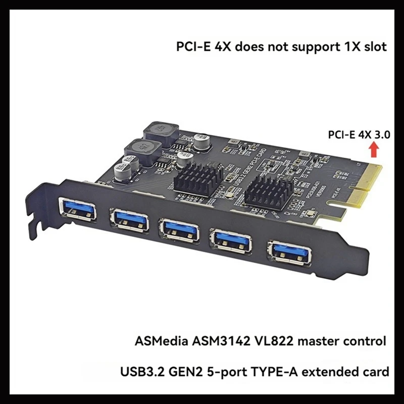 PCIE 4X To USB3.2 5 Ports Expansion Card USB3.2 GEN2 10Gbps High Speed Adapter Card AMS3142 Chip Only For Window PC