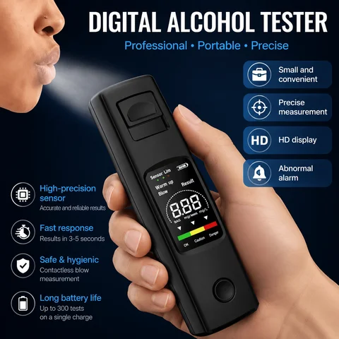 Professional Portable Alcohol Tester High Precision Digital Breathalyzer for Cars and Vehicles Breath Alcohol Meter Blow Detector Contactless Alcohol Gauge Measuring Instrument for Driver Safety Driving Gadget Auto Electronics