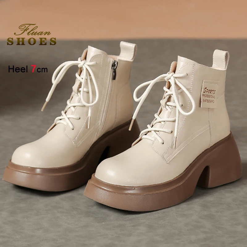 

2026 Autumn Winter New Apricot Color Women's Ankle Boots Thick Heels 7cm Round Toe Cross Strap Side Zipper Genuine Leather Boots