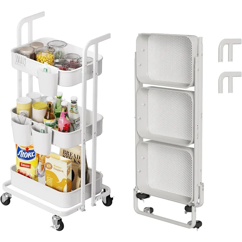 

3 Tier White Metal Foldable Rolling Cart, Utility Cart with Wheels, Hanging Cups and Hooks, Kitchen Storage Cart for