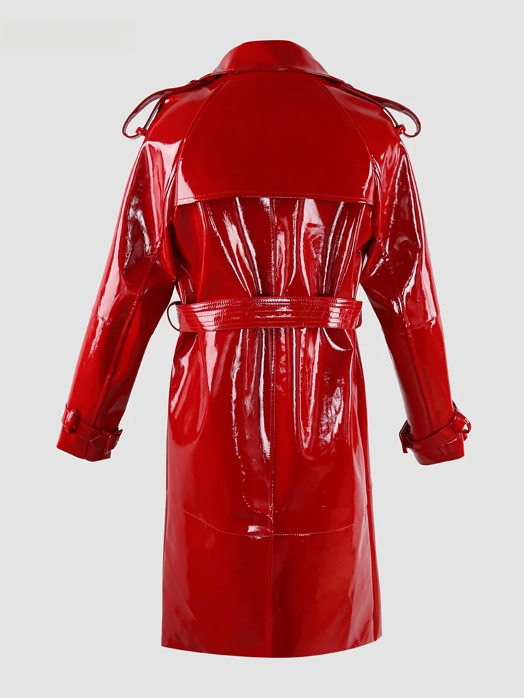 Nerazzurri PU Leather Windbreaker Jacket Women Long Belted Shoulder Sleeve Red Glossy Leather Coat Commute Style High Shine