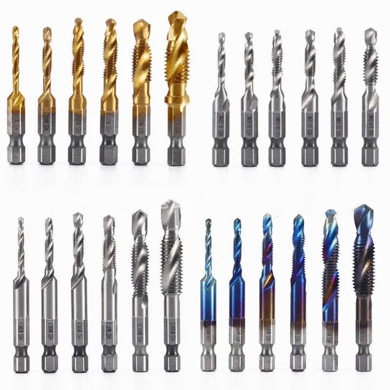 1/4 Inch Hex Shank Titanium Plated HSS Screw Thread Metric Tap Drill Bits Screw Machine Compound Tap M3-M10 Tools