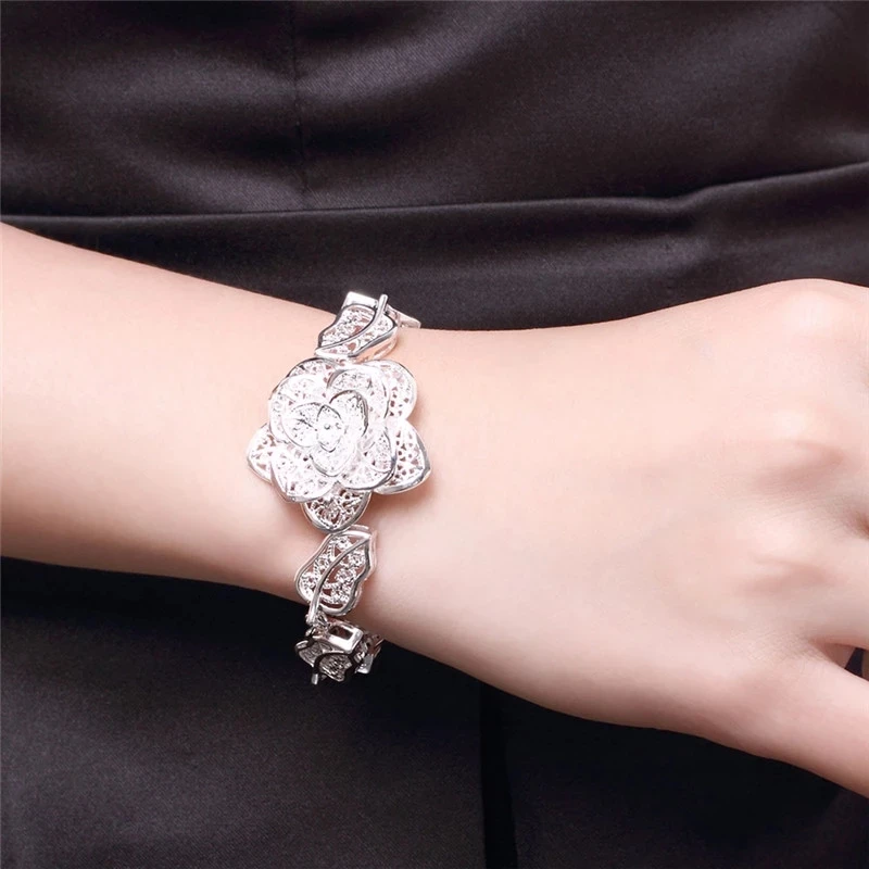 Factory direct fashion 925 Sterling Silver Bracelet for woman Beautiful big flower fine Luxury jewelry Wedding party gifts