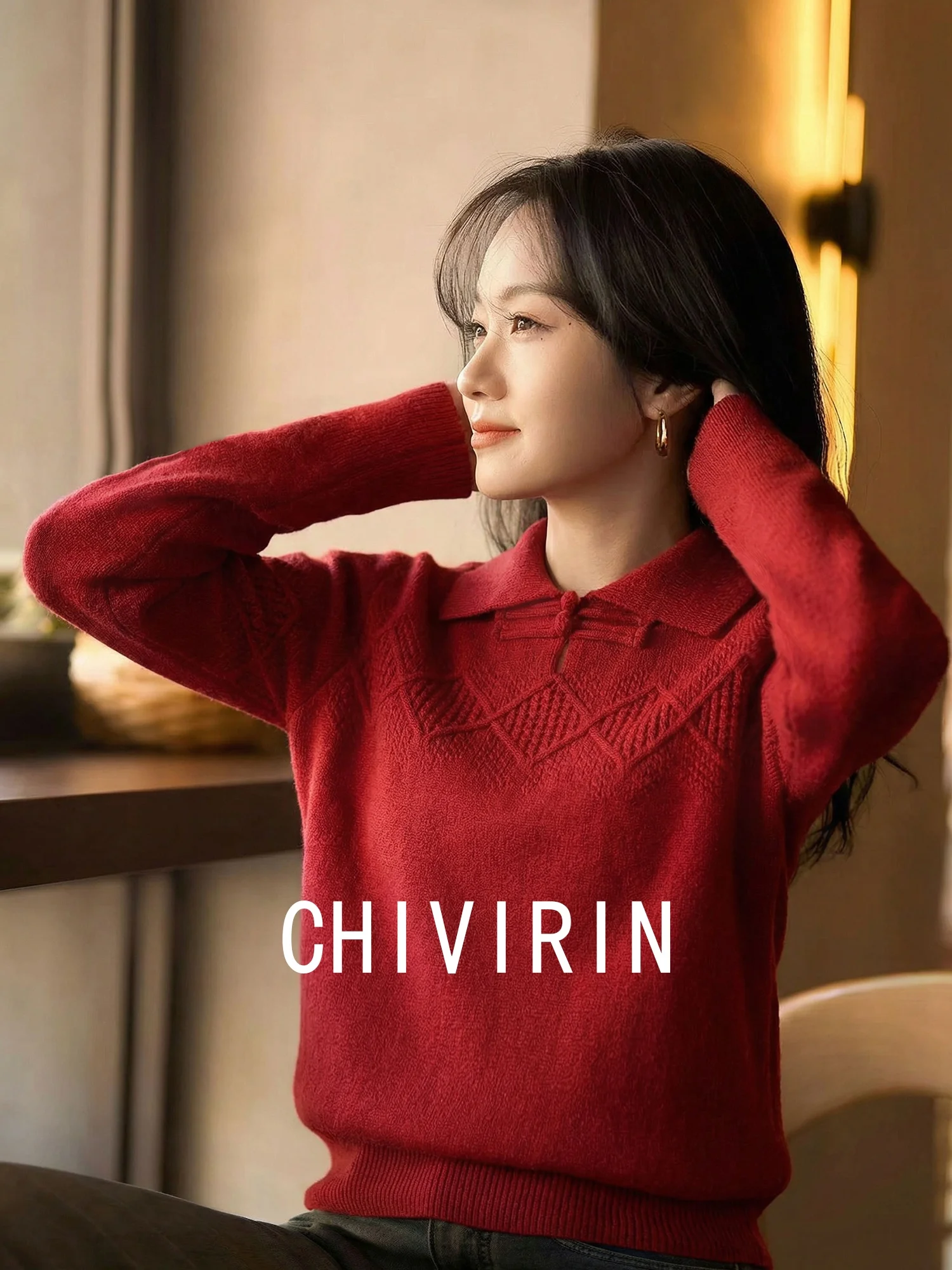 

Красный вязаный шерстяной свитер Chivirin с воротником-стойкой и пуговицами, весенне-осенний женский модный топ в китайском стиле