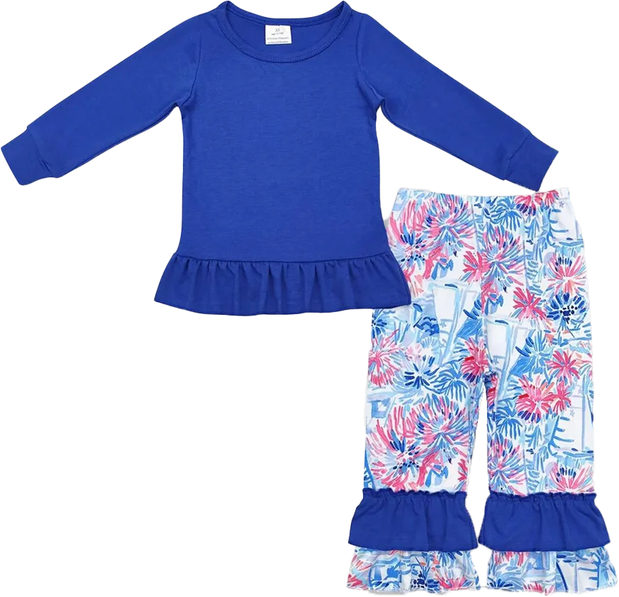 10.31 الخريف بلون اللازورد الأزرق كم طويل شجرة الإبحار نمط الفتيات السراويل لطيف الزي مجموعة للأطفال