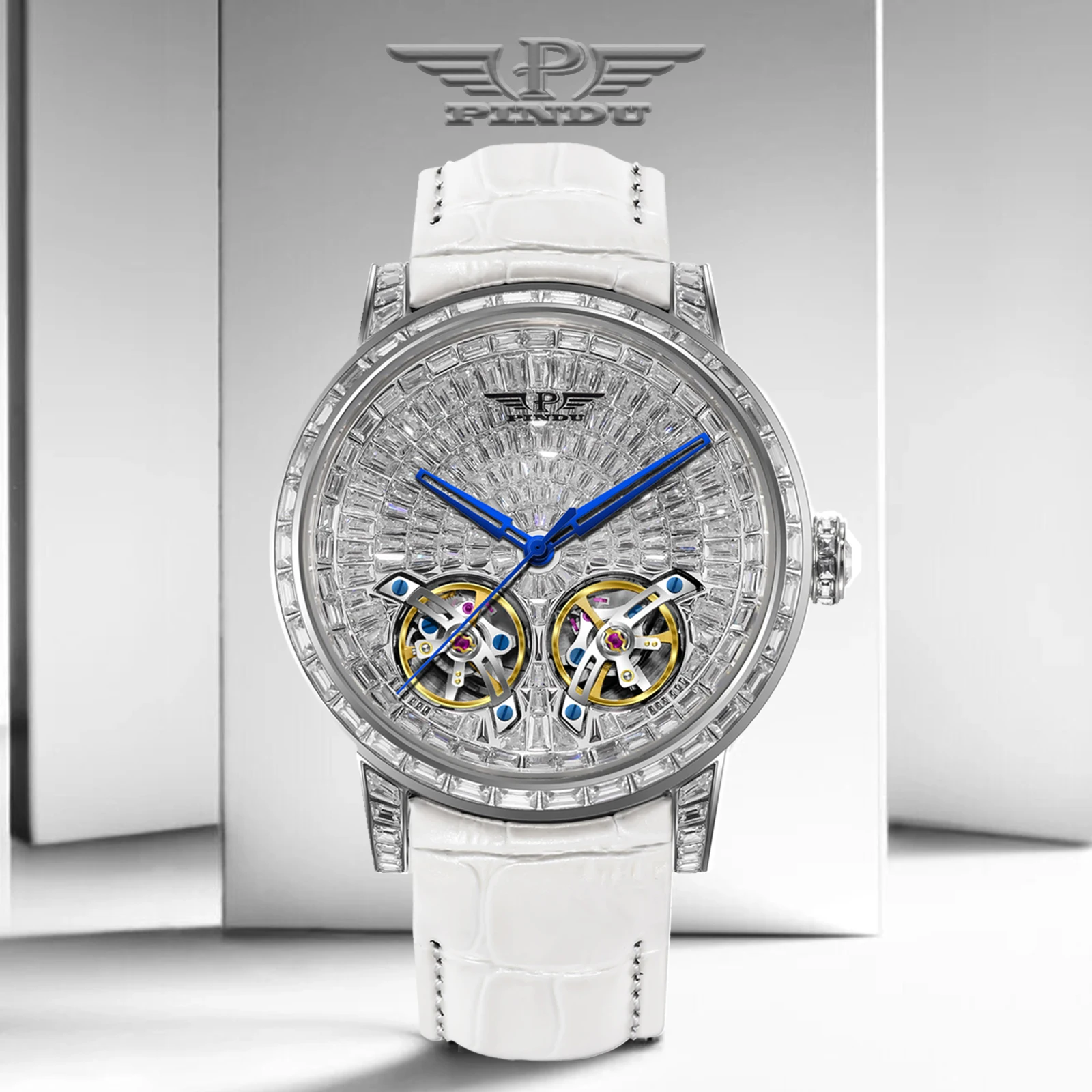 2026 PINDU Design New 46MM Diamond Mechanical Watch Men Top Luxury Double Flying Wheel Watch Sapphire Glass Waterproof Watch MEN
