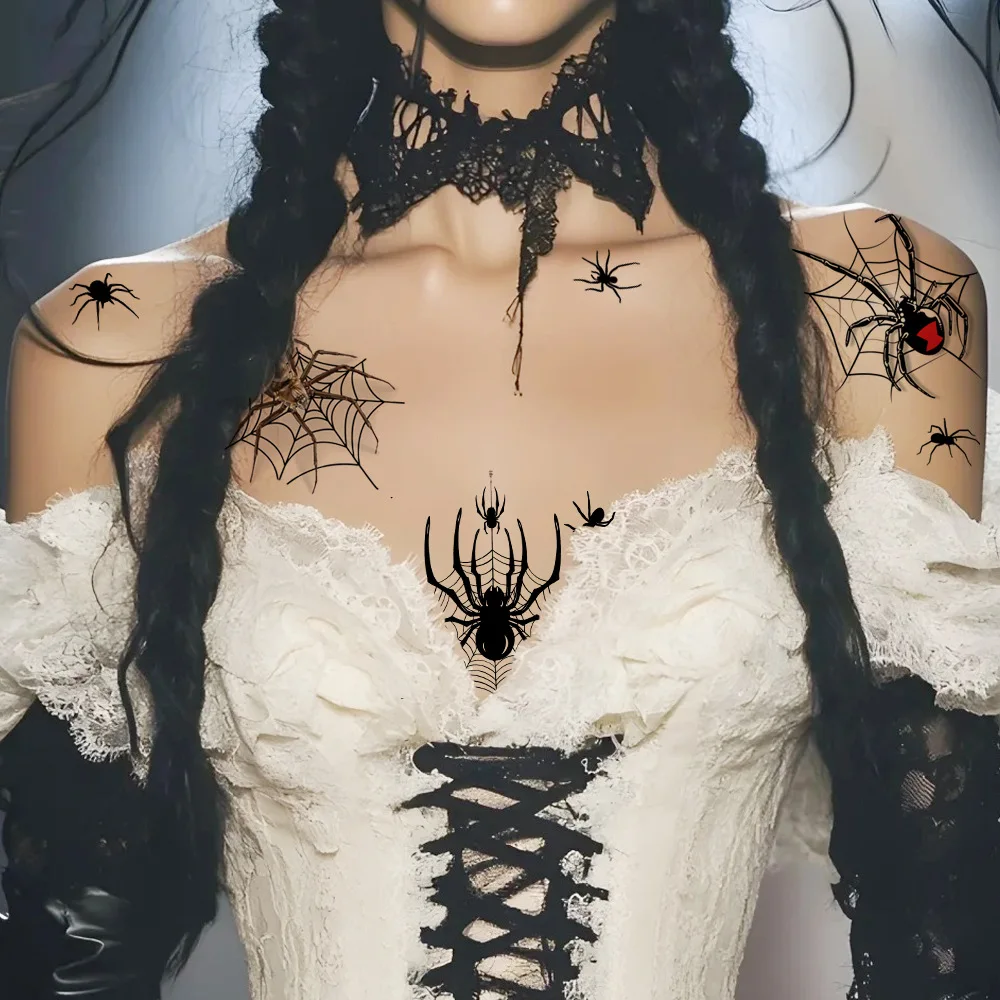 Halloween Spider Web Temporary Tattoos - Black Gothic Body Art Stickers with Spider Design For Party