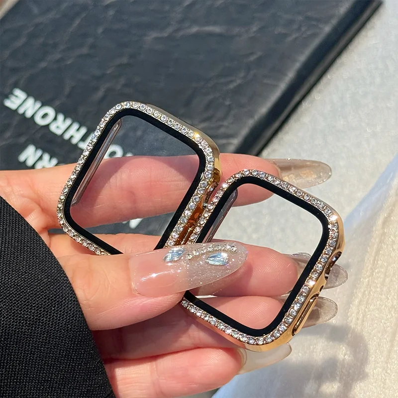 Funda de cristal + diamante brillante para Apple watch series 11-10 9 8 7 6 5 4 se 46mm 42 44mm-40-41-45mm accesorios protectores de pantalla de parachoques