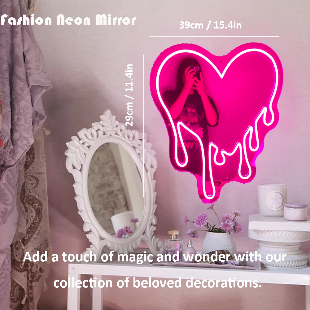 Melt Heart-Shaped Neon Mirror-Dimmable USB Powered LED Light with Adjustable Brightness-Perfect Wall Decor for Room BirthdayGift