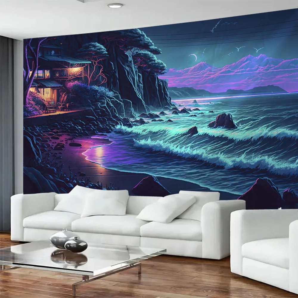 

Psychedelic starry sky sea tapestry wall hanging hippie home decoration dormitory dreamy forest fabric background poster