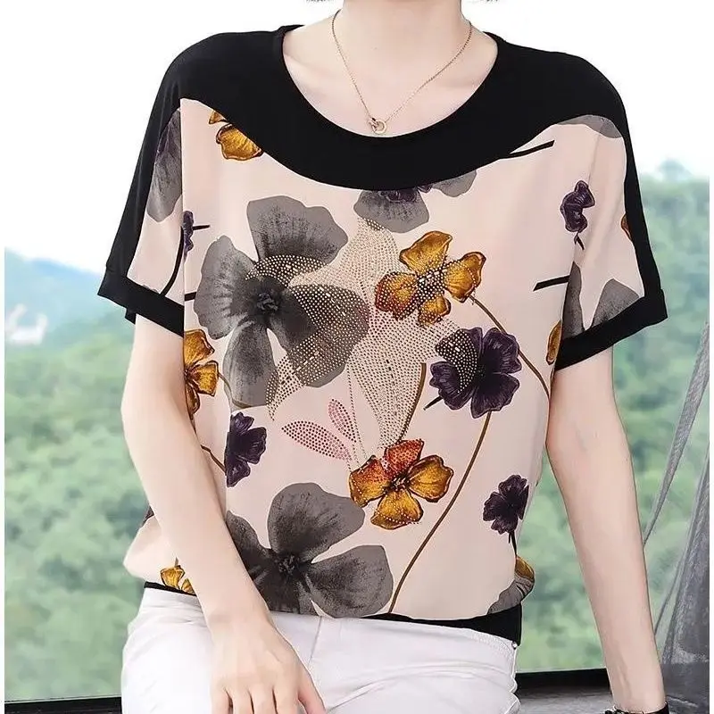 New Summer Women\'s Patchwork Contrast Color O-Neck Short Sleeve Loose Plus Size Pullovers Printed Diamonds Fashion Casual Tops