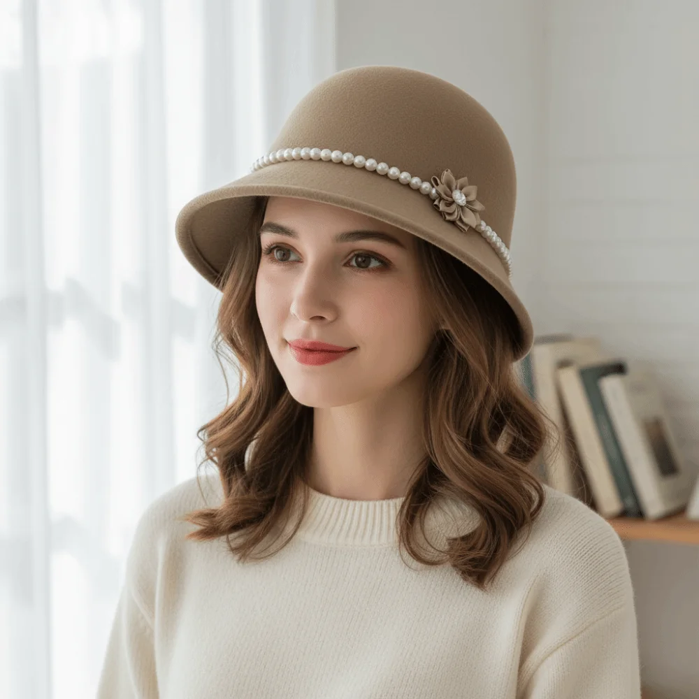 Sombrero de pescador cálido de Color sólido con flores y perlas a la moda, sombrero de pescador de lana Hepburn, sombrero de cubo de lana funerario