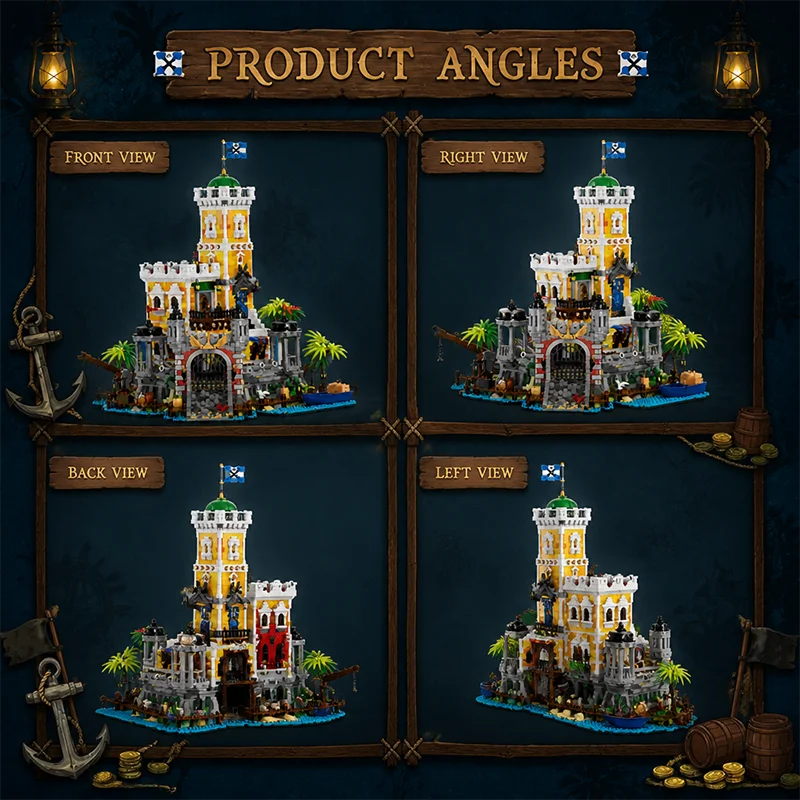 Pirate Harbour Medieval Castle Lighting Building Blocks Retro Street View Modular Assembly Model Bricks Collectible Creative Adult Gift 4975PCS