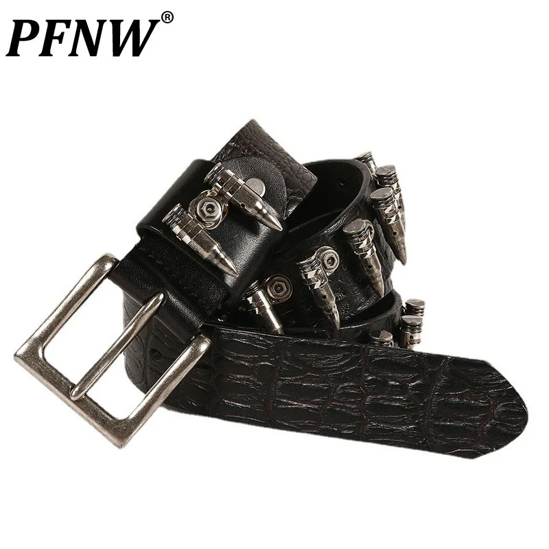 PFNW Trendy Punk Rock Metal Bullet Inlaid Belt Men's Head Layer Cowhide Personality Decoration Non-mainstream Cool Belt 28W5805