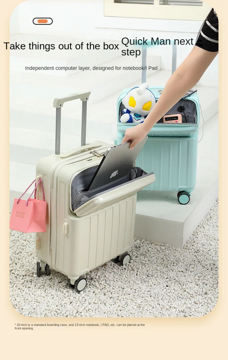 Front-mounted cabin suitcase, luggage suitcase, small lightweight 20-inch 24-inch rechargeable multi-function trolley suitcase