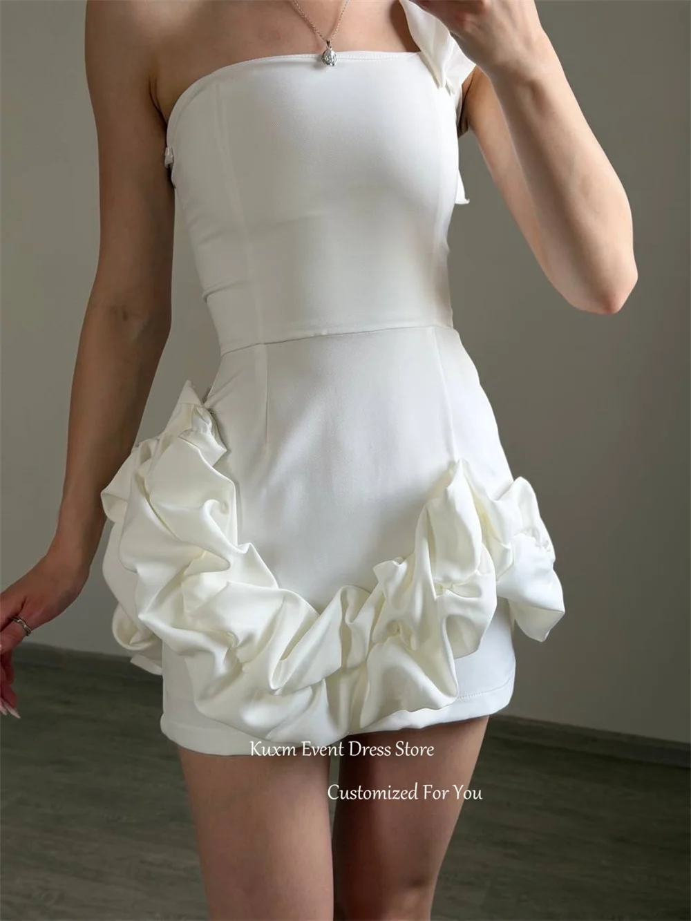 Kuxm Elegant Strapless Satin Wedding Gown One Shoulder Mermaid Short Bridal Gown Sexy Backless Women's Birthday Gown Customized