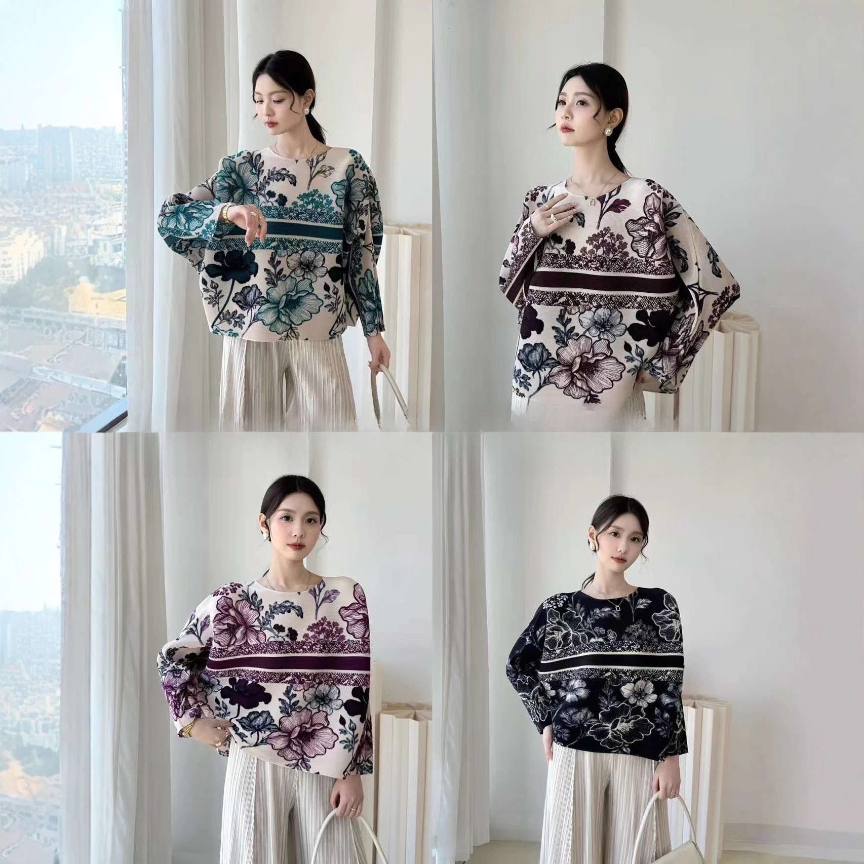 

Miyake Folds 2025 Fall and Winter New Printing Fashion Ageing Slim Hundred Collar Bottoming Shirt Long-sleeved Female Pleated