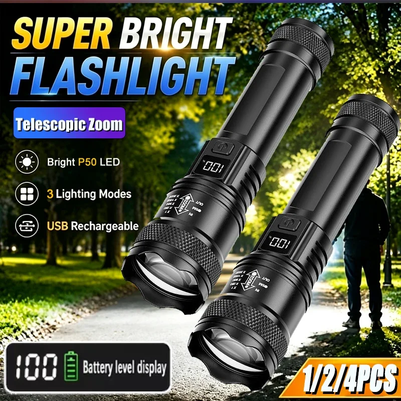 Upgrade 20000LM USB C Rechargeable Tactical Flashlight Zoomable Bright Lantern with Battery Display for Outdoor Camping Hiking